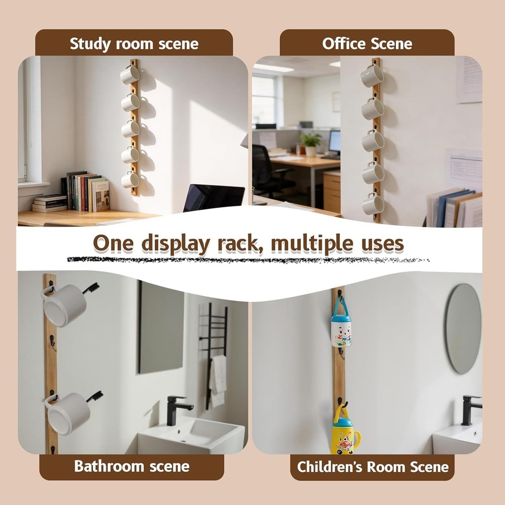 Wall-Mounted Coffee Mug Rack 6-Hook Solid Wood Cup Holder Kitchen Cabinet
