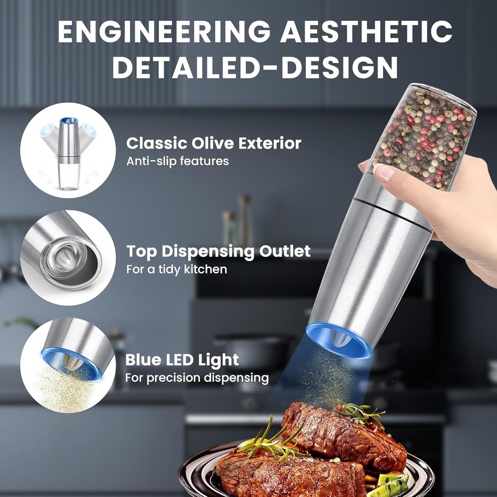 Gravity Electric Salt & Pepper Grinder Set 2 Pack Battery Powered LED - Silver.