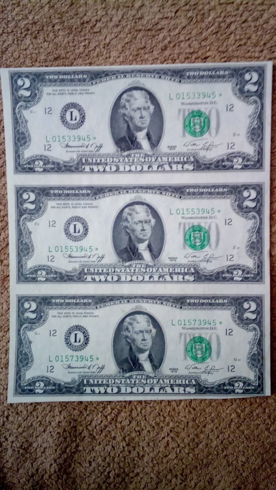 1976 $2 TWO DOLLAR THREE UNCUT STAR  LOW NUMBER NOTES SHEET,SAN FRANCISCO-ISSUED