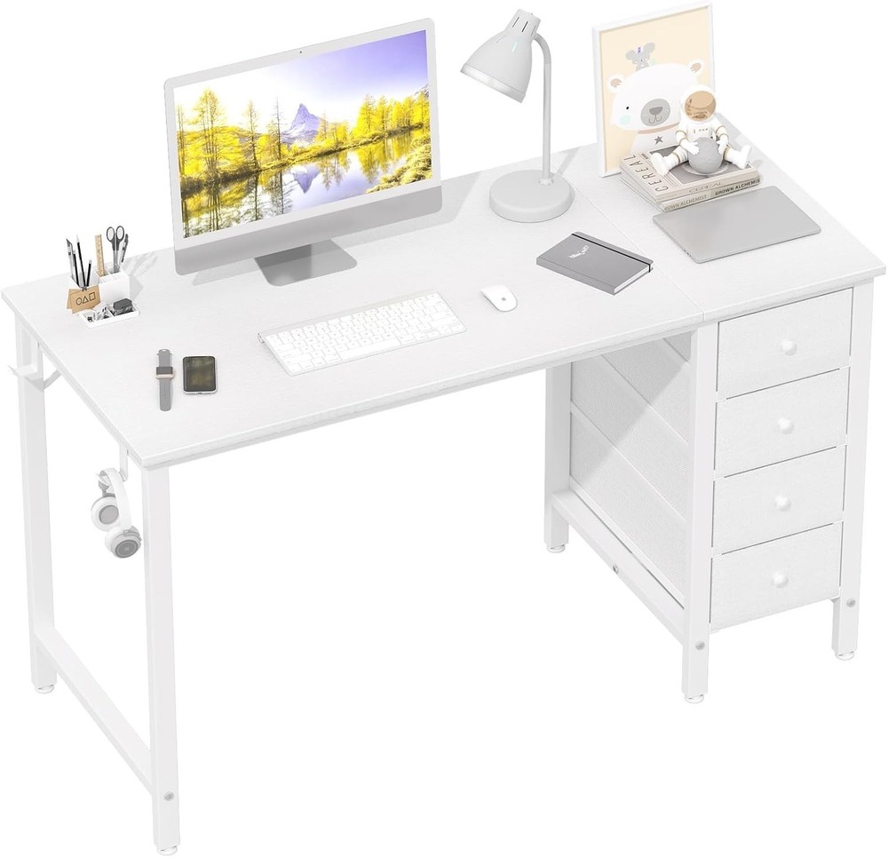 White Computer Desk with Fabric Drawers 47" Reversible Study Work Writing Desk