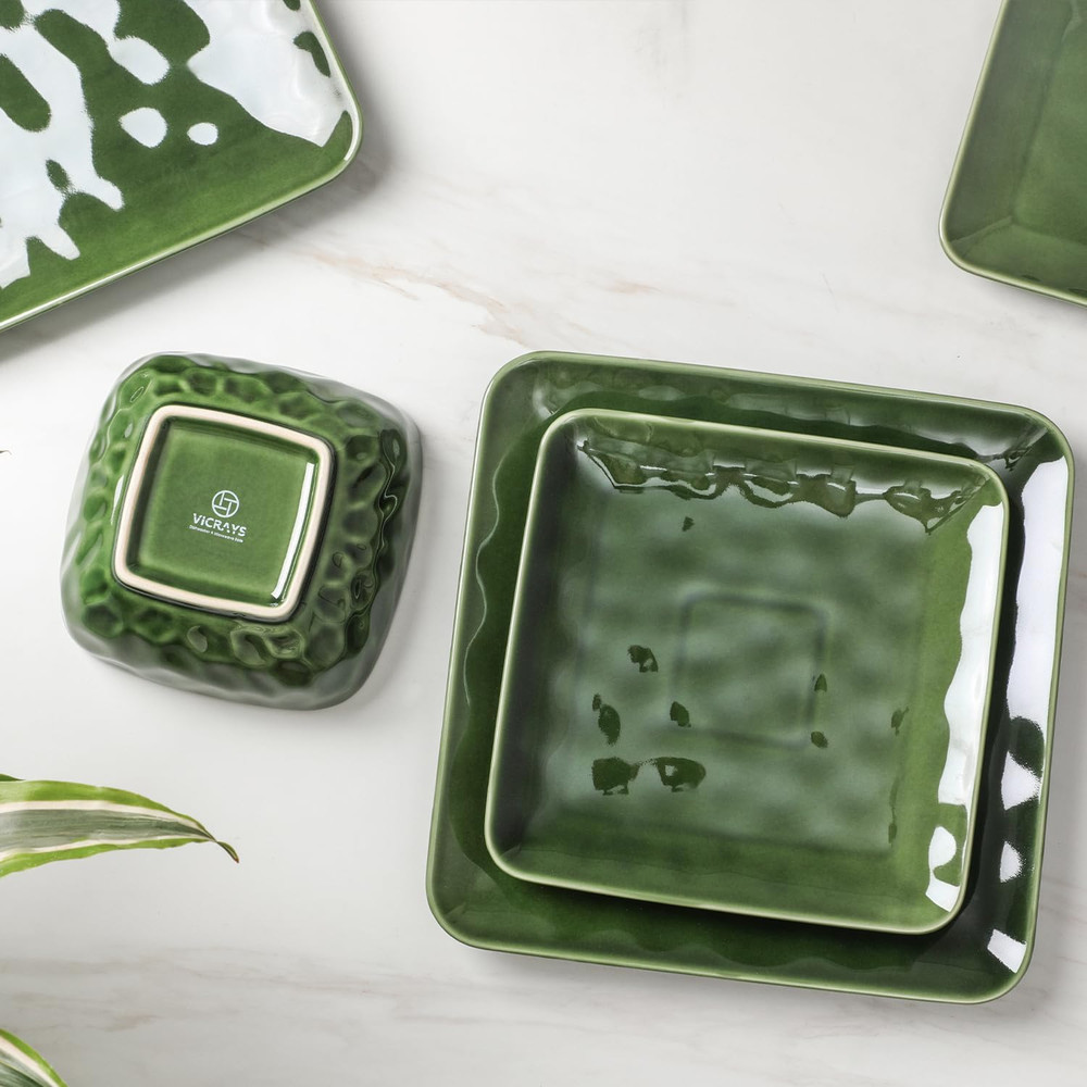 Stylish Green Ceramic 12-Piece Dinnerware Set for 4 - Scratch Resistant & Safe