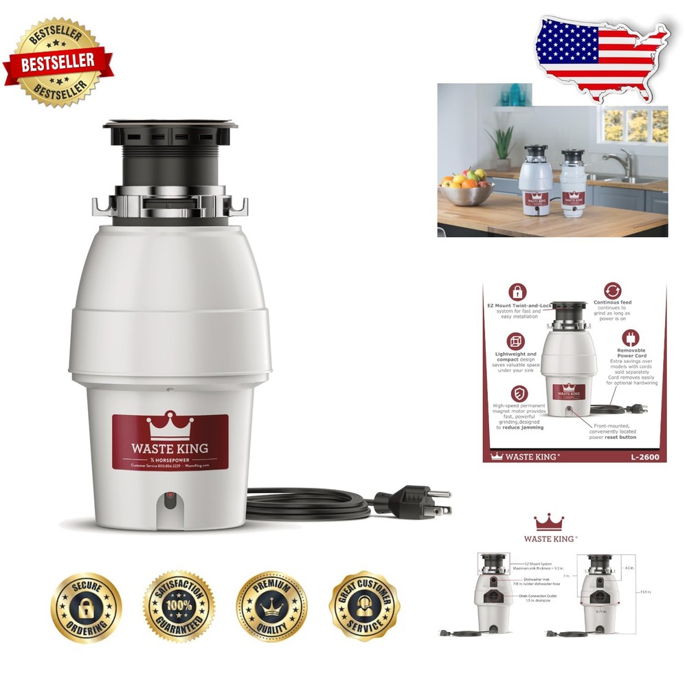 Legend Continuous Feed Garbage Disposal 1/2 HP - Fast Install, No Wiring