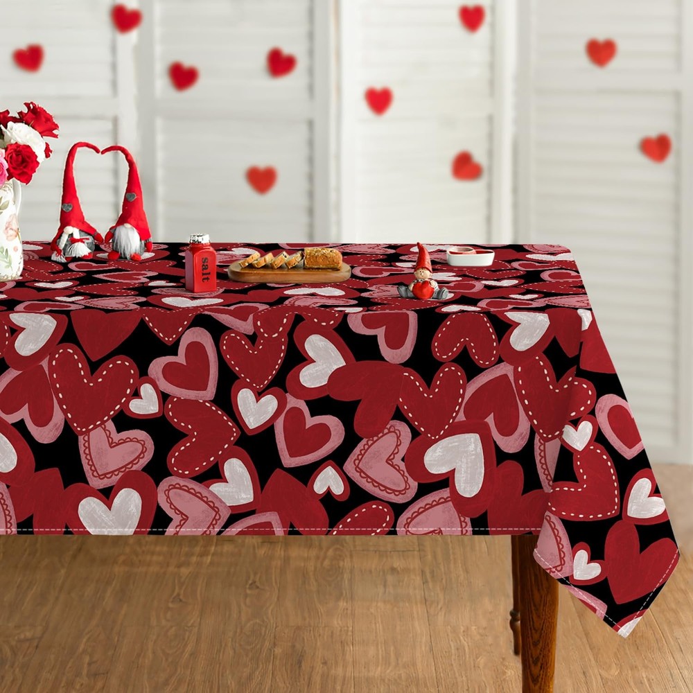Rectangular Valentine Tablecloth 60x84 Inch Red Hearts Black Washable Cover