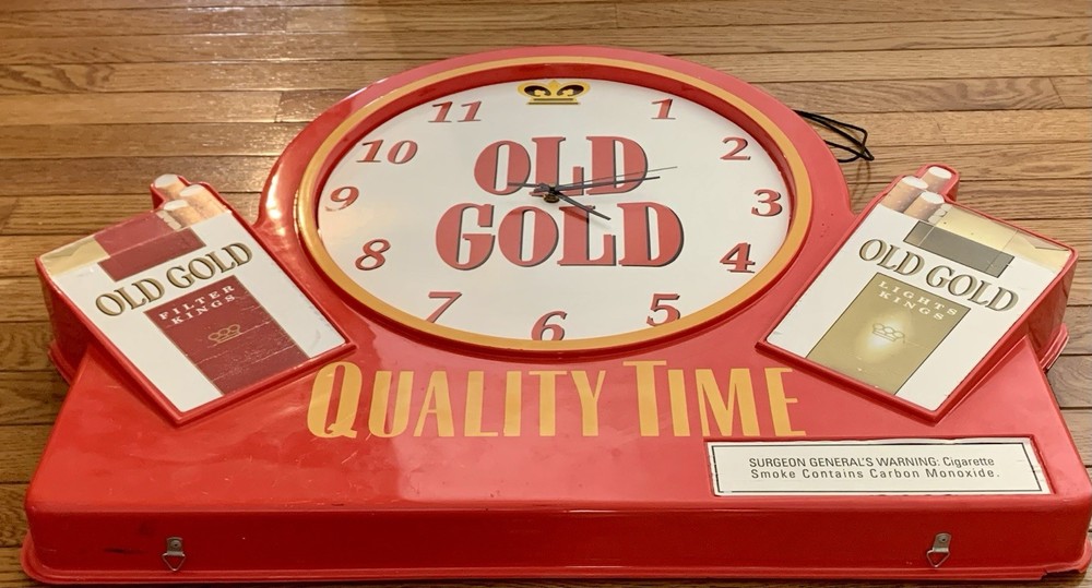 Old Gold Cigarette Clock QUALITY TIME -2 Sided Store Display Plastic Battery Op.