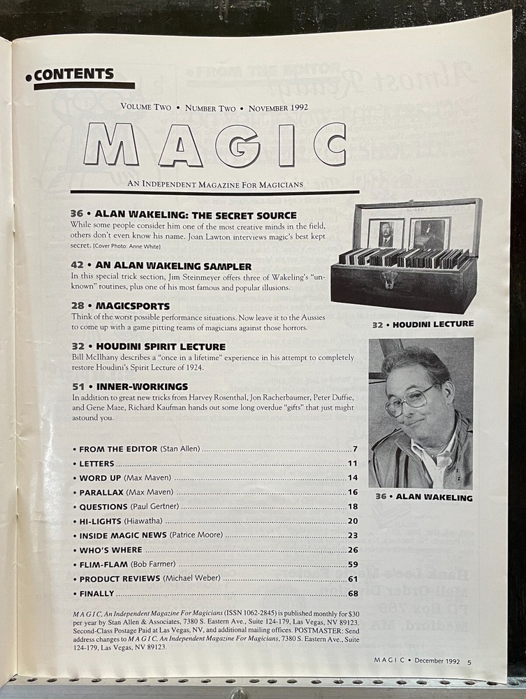 Alan Wakeling Magic Magicians Magazine Volume Two Number Two Dec 1992
