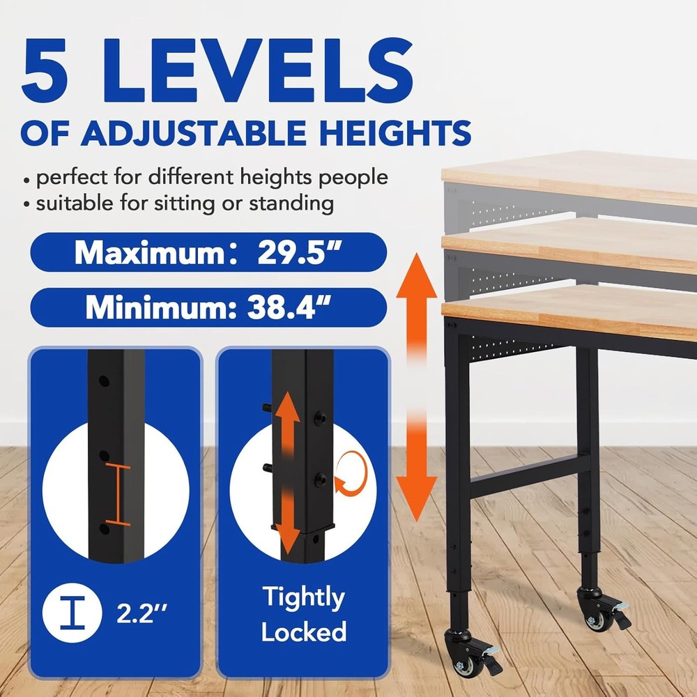 72x 25" Adjustable Work Bench Heavy Duty Work Table for Workshop Garage 2000 Lbs