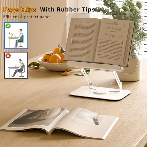 Adjustable Acrylic Book Stand with 360° Rotating Base & Page Clips - Foldable Ho