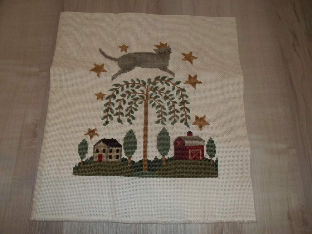 Teresa Kogut Cross Stitch Completed Cat Over the Willow Tree