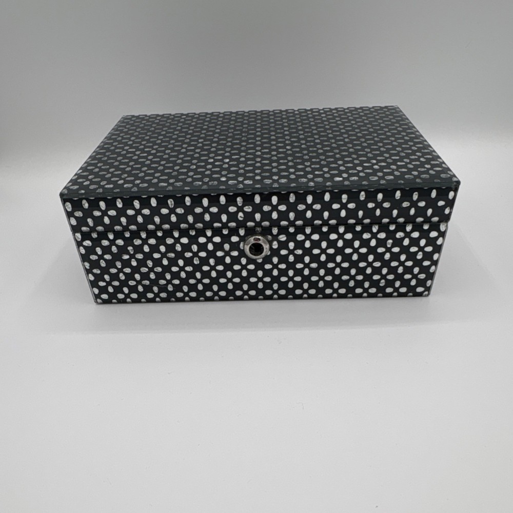 Black White Polka Dot Glass Lockable Decorative Box Medium Rectangular 9x6x3in