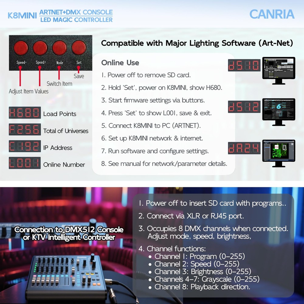 K8MINI ARTNET+DMX Console LED Pixel Controller, for SPI-TTL LED Light, Online...