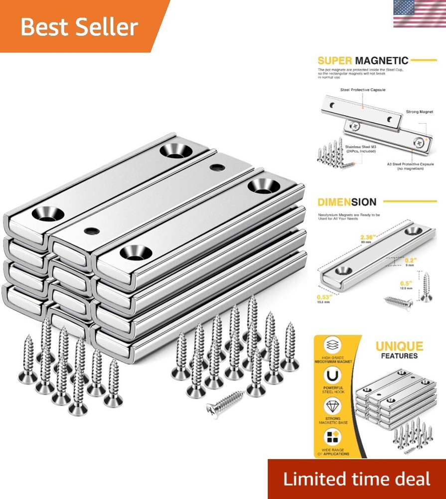 Neodymium Rectangular Pot Magnets with 70LBS Pull Force - Pack of 12
