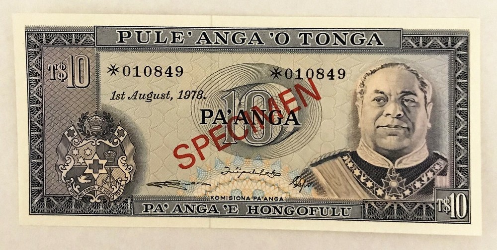 TONGA 1978 . 1 - 10 PA' ANGA BANKNOTES . SPECIMEN . WITH CERTIFICATE . UNC