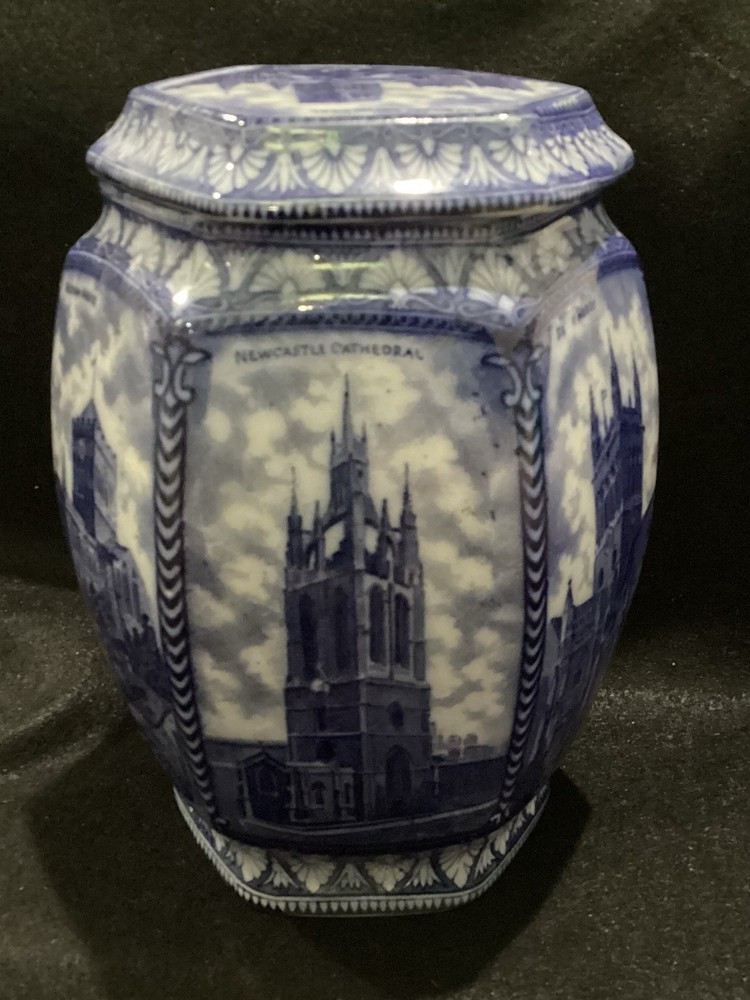 Rington's Maling Ware Tea Caddy England - Cathedrals 1929 Blue Transfer Ware @FS