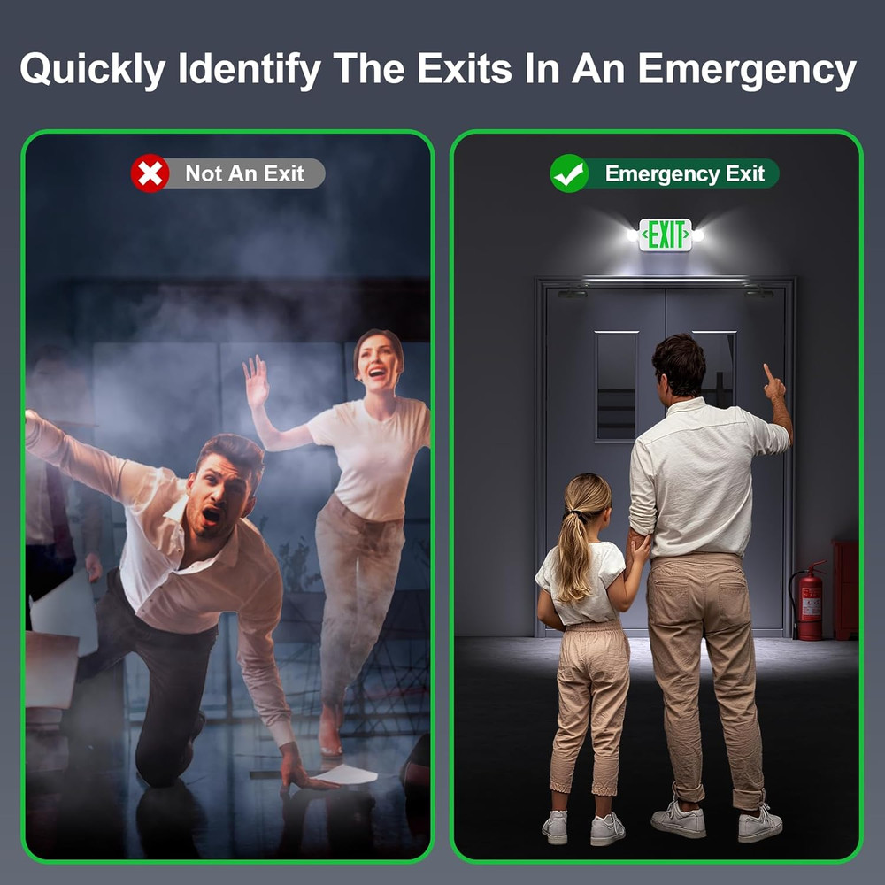 Led Exit Sign Emergency Light Combo Adjustable Two Head,Double Sided and Battery