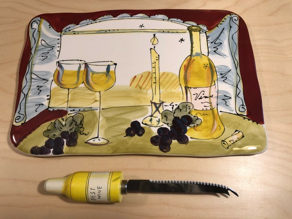 Certified International Ceramic Cheese Cutting Board + Cheese/Fruit Knife