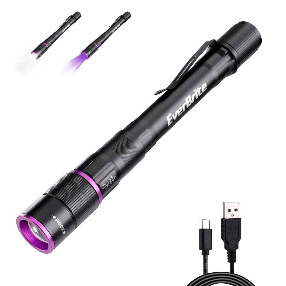 EverBrite Rechargeable Pen Flashlight with UV Light and White Light 4 Mode New