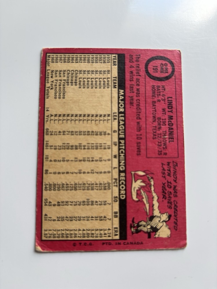 1969 OPC LINDY McDANIEL # 191 YANKEES N.Y