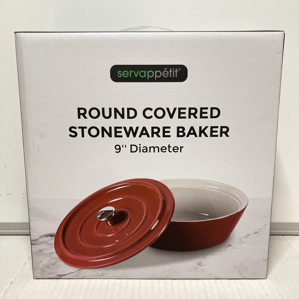 Servappetit Red Round Covered Stoneware Baker with Lid 9" Diameter Baking Dish