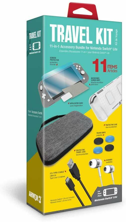 Armor3 Travel Kit:Cases,Screen Protector,Earbuds,Cable Grip Nintendo Switch Lite
