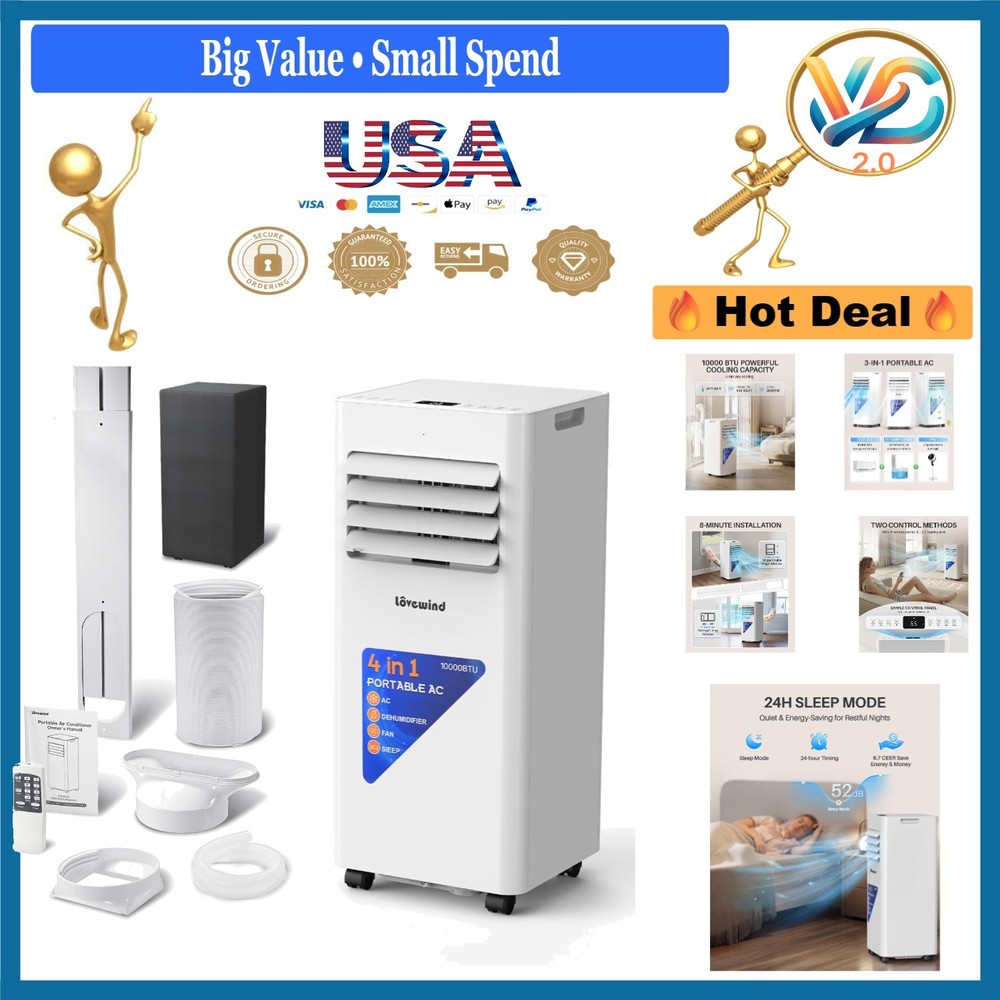 Portable Air Conditioner 10000 BTU 450 Sq.Ft 4-in-1 with Remote White