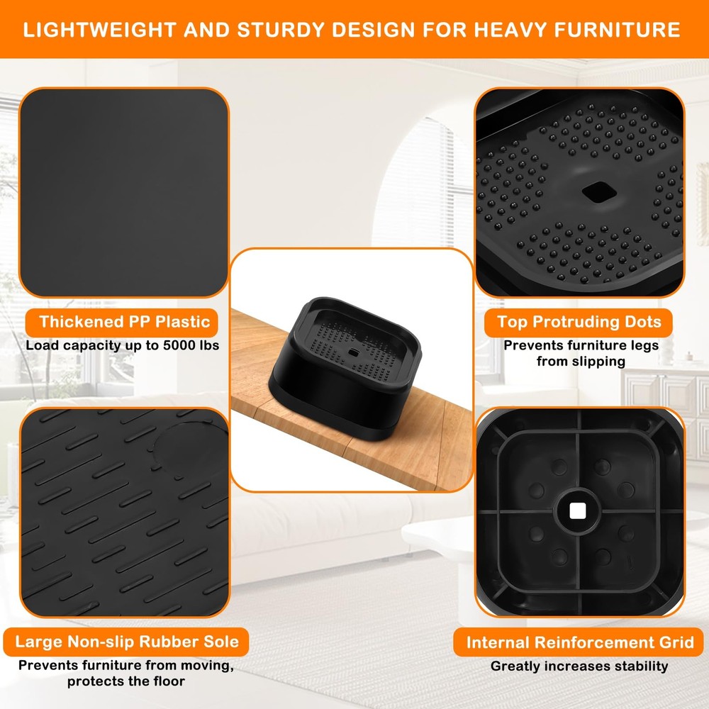 Furniture Risers Adjustable Heavy Duty 8 Pack 1", 2", 3" Black Stackable