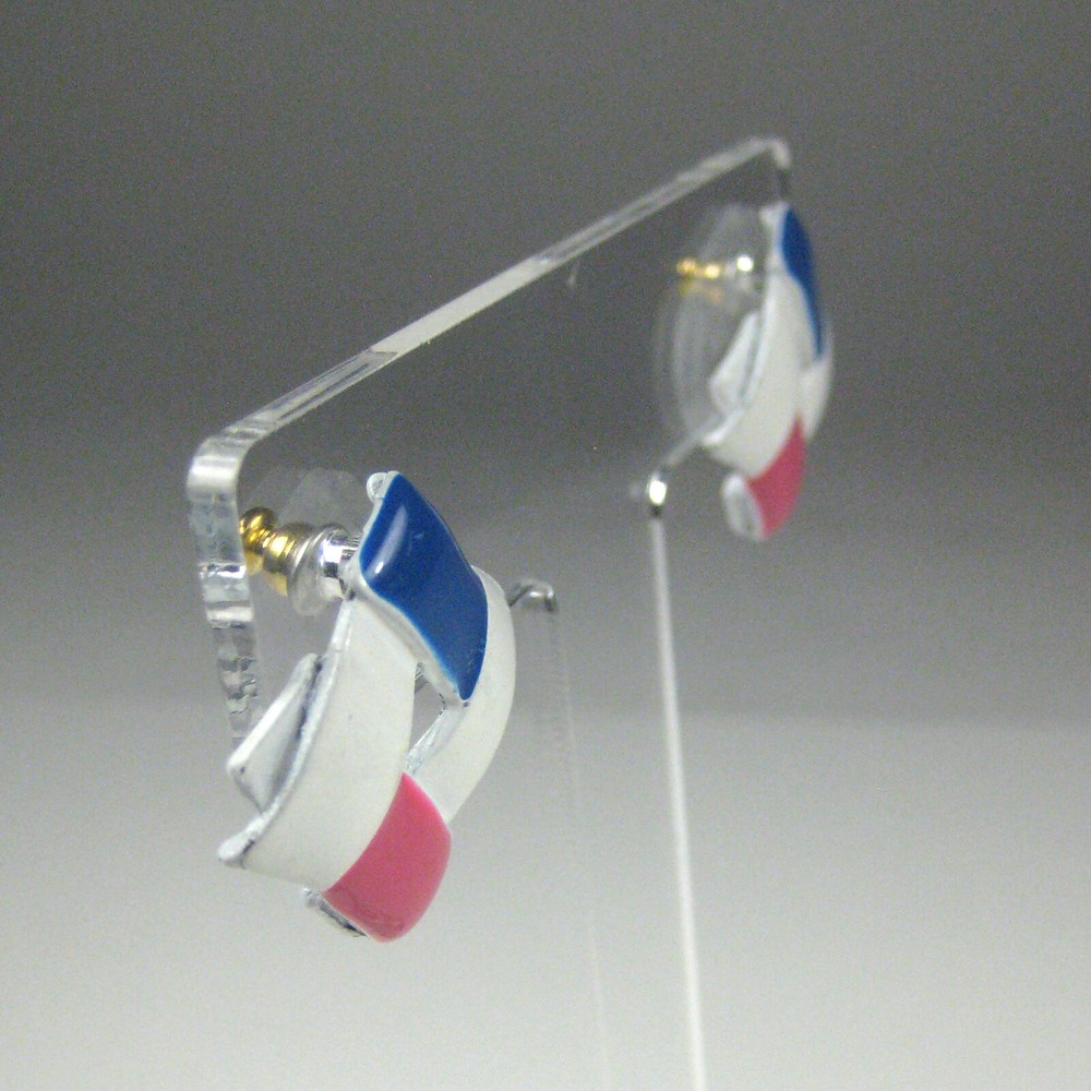 Earrings Enamel Pierced Stud 1 Inch VTG Unsigned White Blue Pink Square Woven