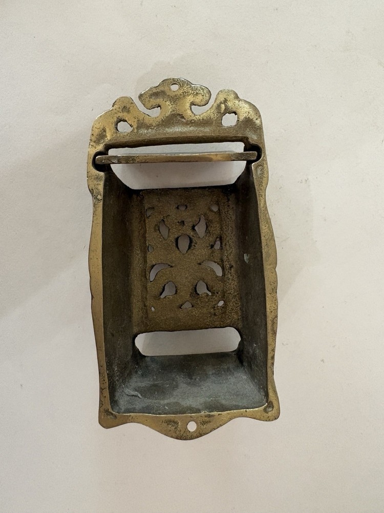 Vintage Ornate Solid Brass Match Box Holder Wall Mount With Flap Lid