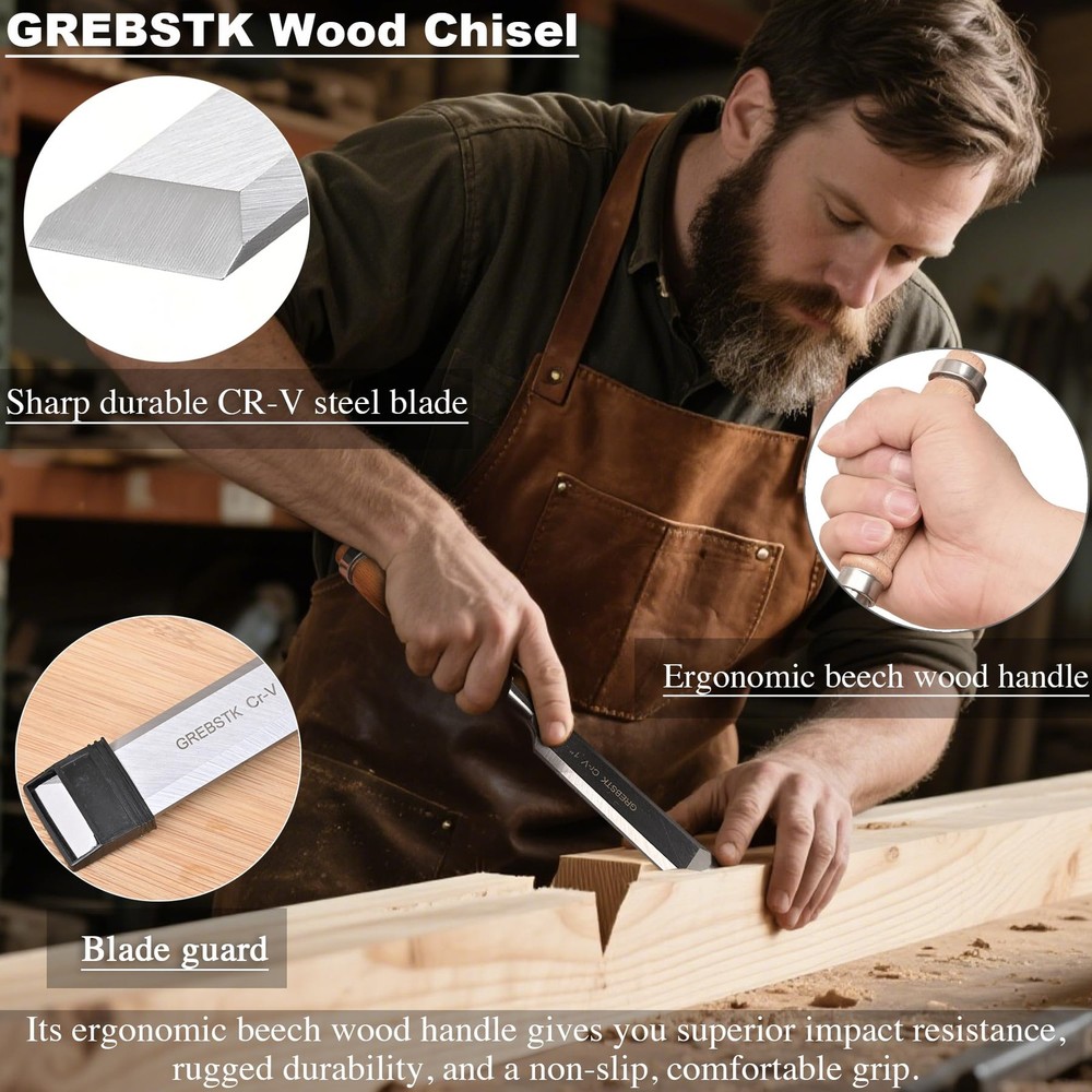 4Pc Wood Chisel Set CRV Steel Bevel Sharp Edge Bench Chisel 1/4", 1/2", 3/4", 1"