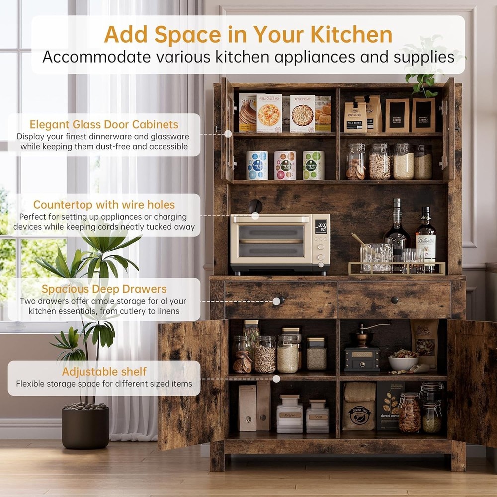 Kitchen Hutch W/ Doors & Adjustable Shelves, Multi-Use Storage for Microwave