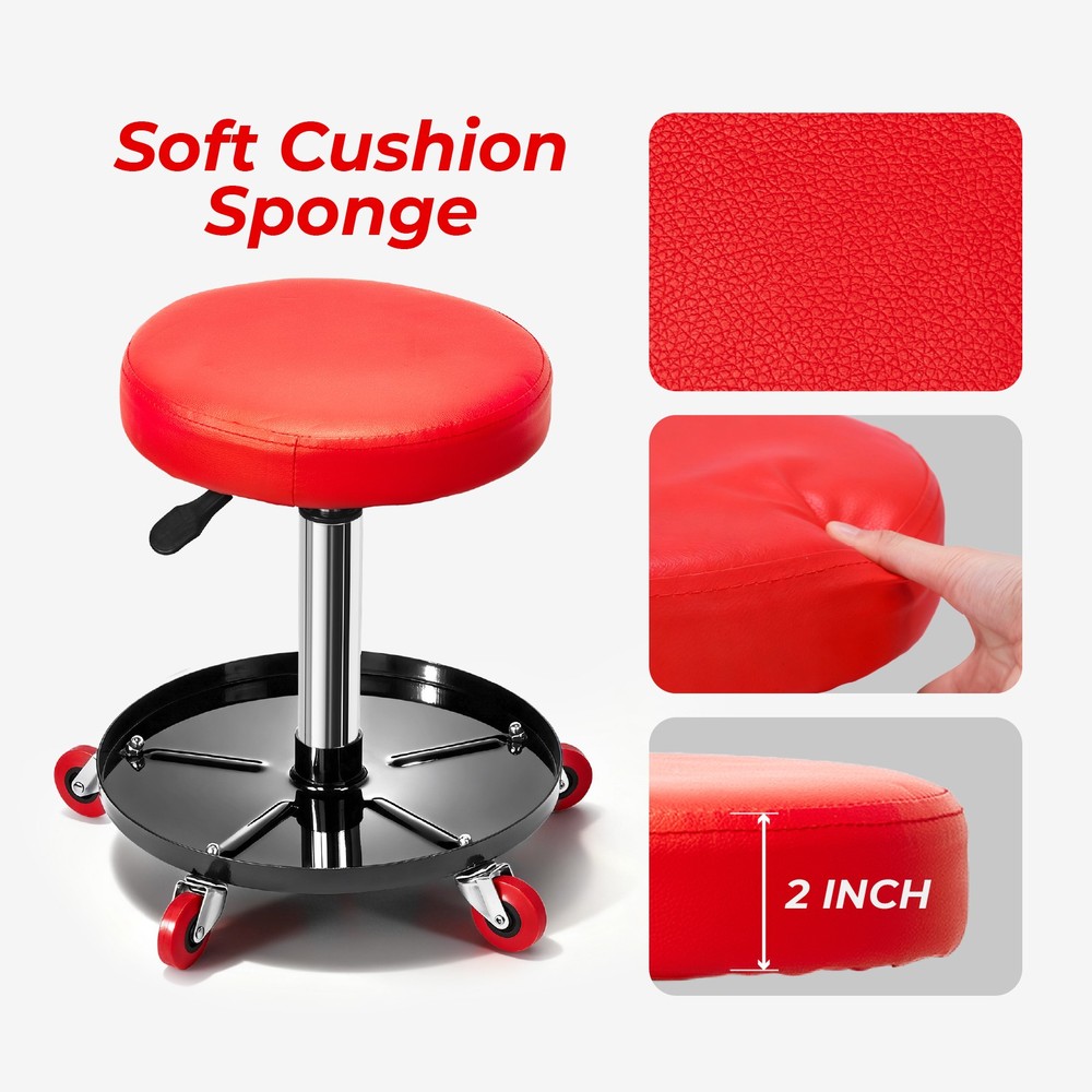 Rolling Garage Stool Adjustable Height Mechanic Work Seat w/ Tool Tray Storage