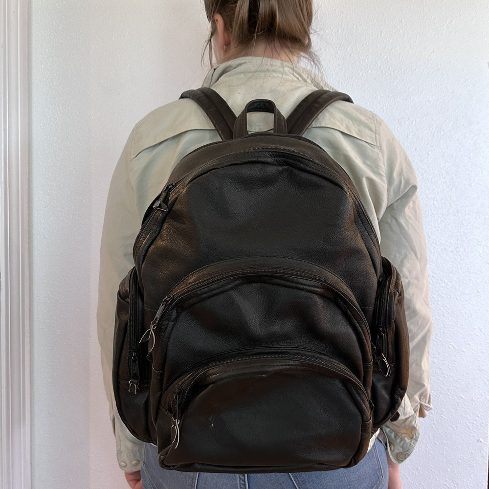 Expandable Black Leather Backpack w/Many Pockets