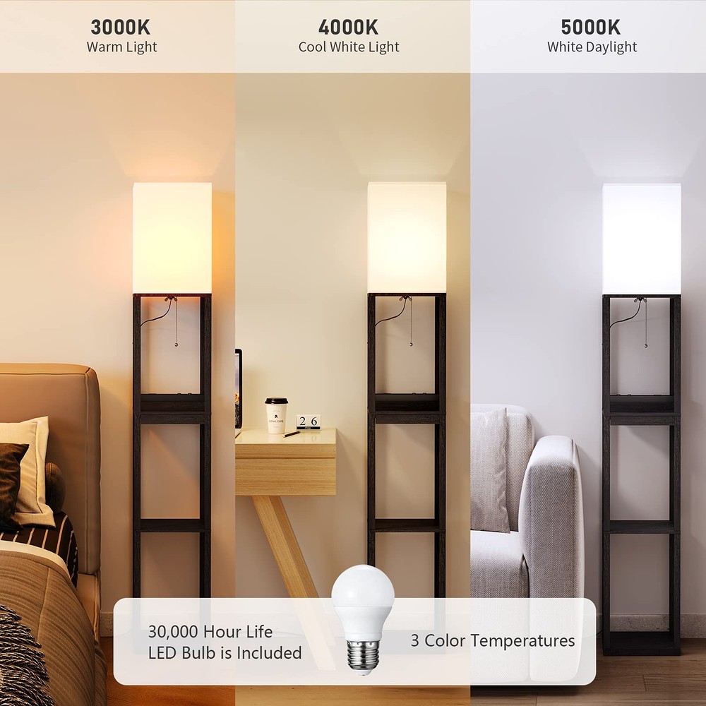 SUNMORY Floor Lamp with Shelves,Modern Dimmable Solid Wood Standing Lamp with...