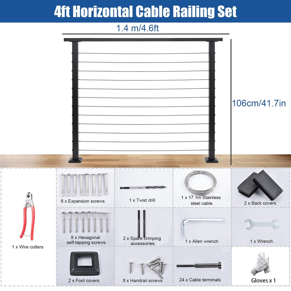 Side Mount Black Complete Cable Railing Kit 42'' Cable Railing System w/ Handrai