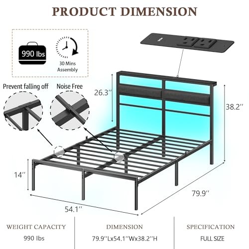 Full Size Bed Frame with Headboard, Bed Frame Full Size with LED Light and