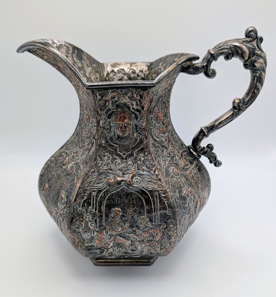 Antique Sheffield Silver Plate Repousse Water Pitcher with Handle