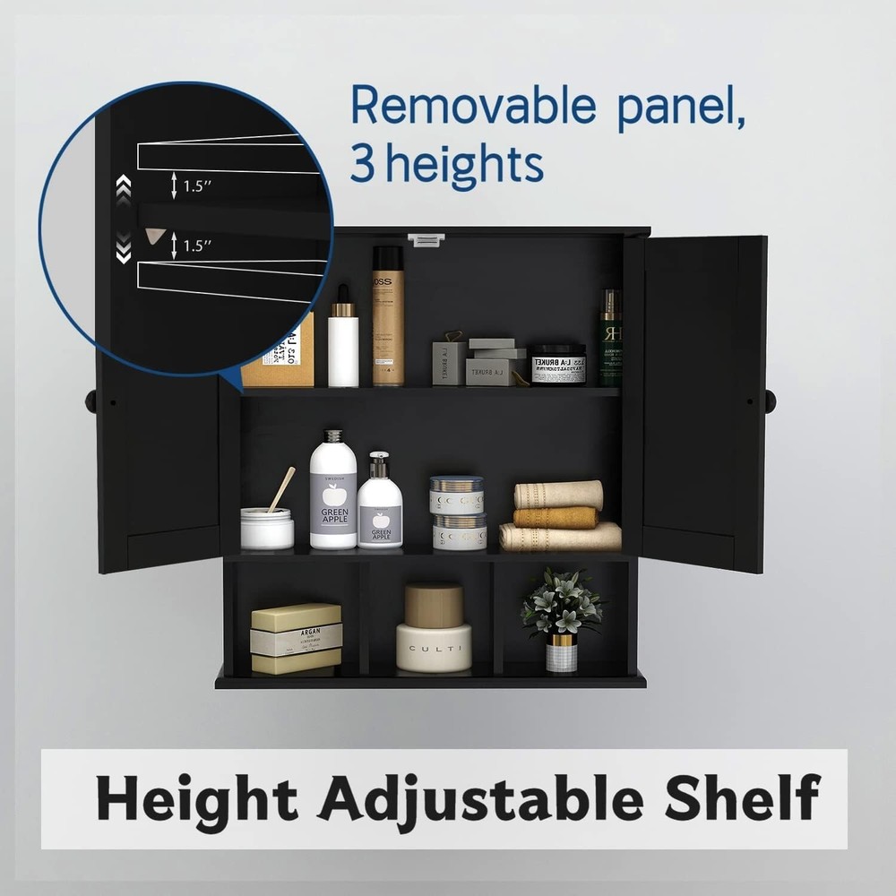Space-Saving Black Wall Cabinet with 2 Doors and Adjustable Storage Shelves