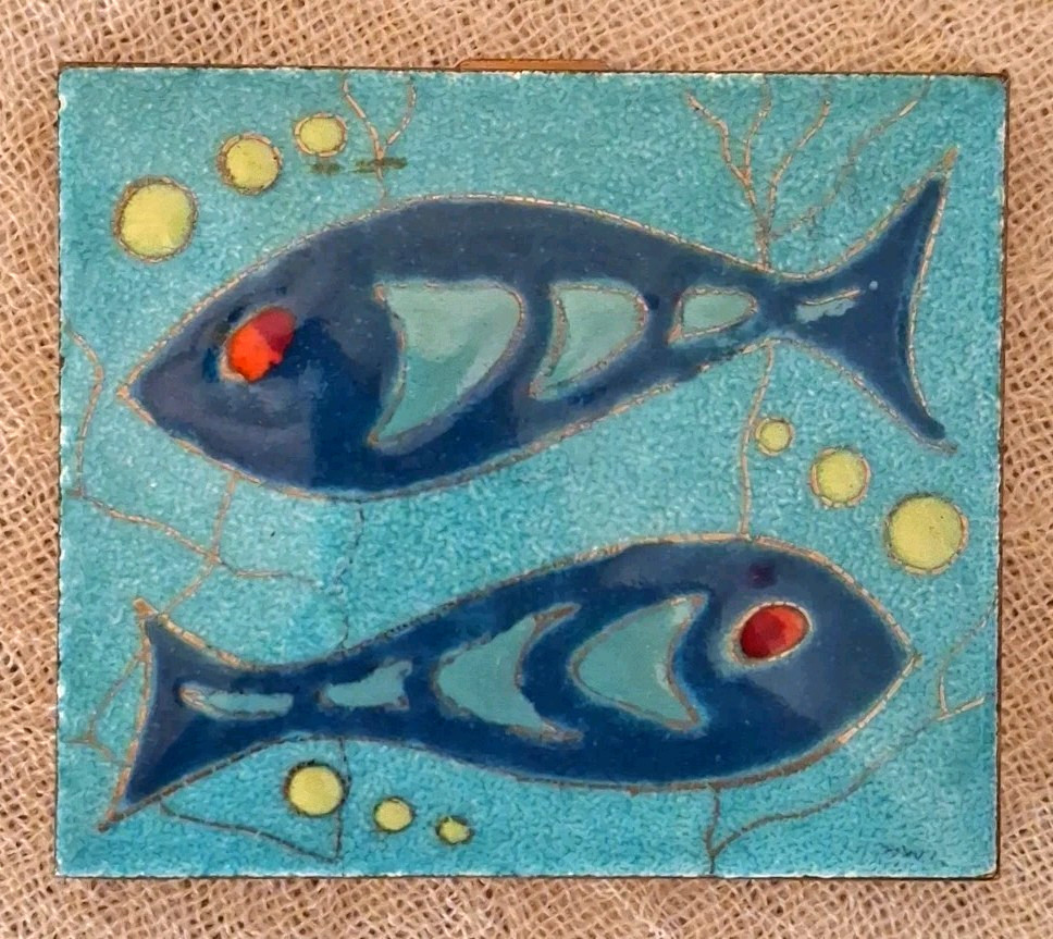 Vintage Ronson Enameled 2 Fish Mid Century Combination Mirrored Powder Compact