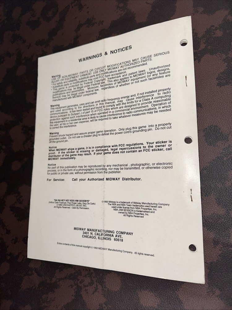 Original NBA Jam Arcade Operations Manual