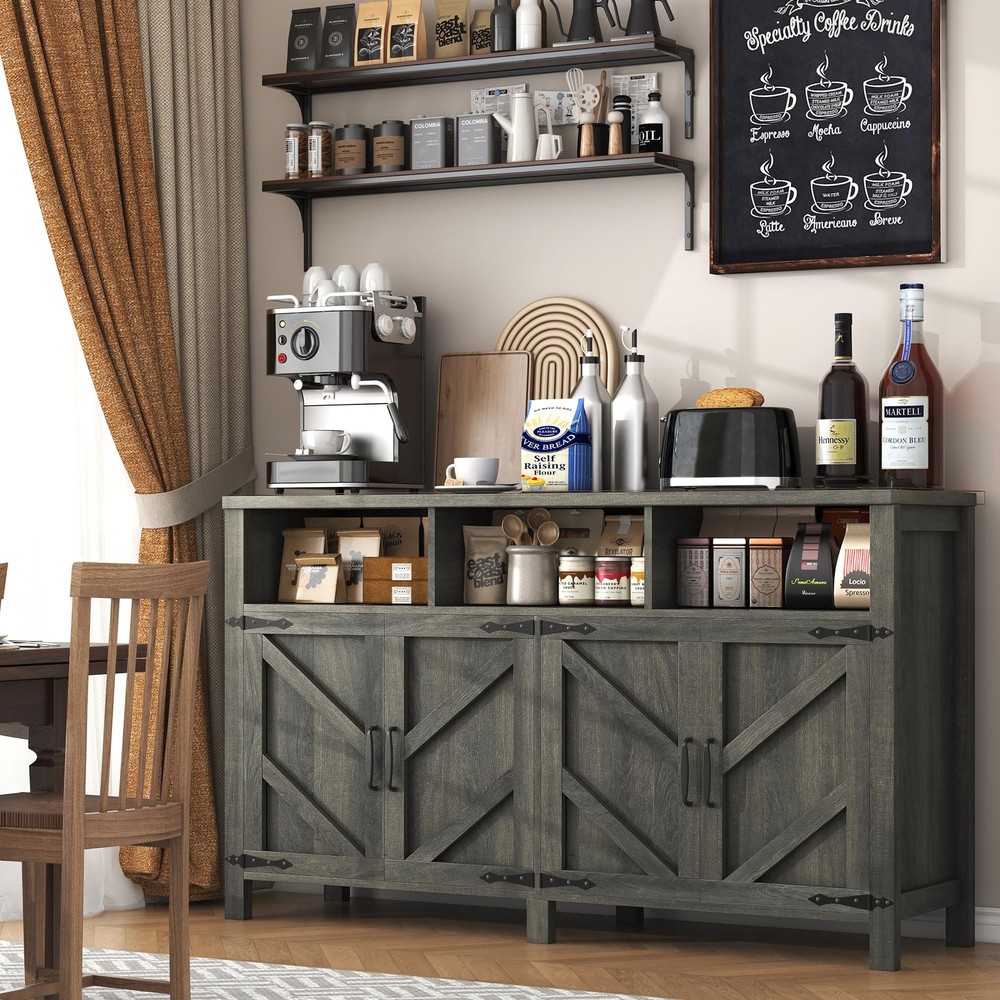 Buffet Sideboard with Storage Farmhouse with 4 Doors, 55'' Large Kitchen Stor...