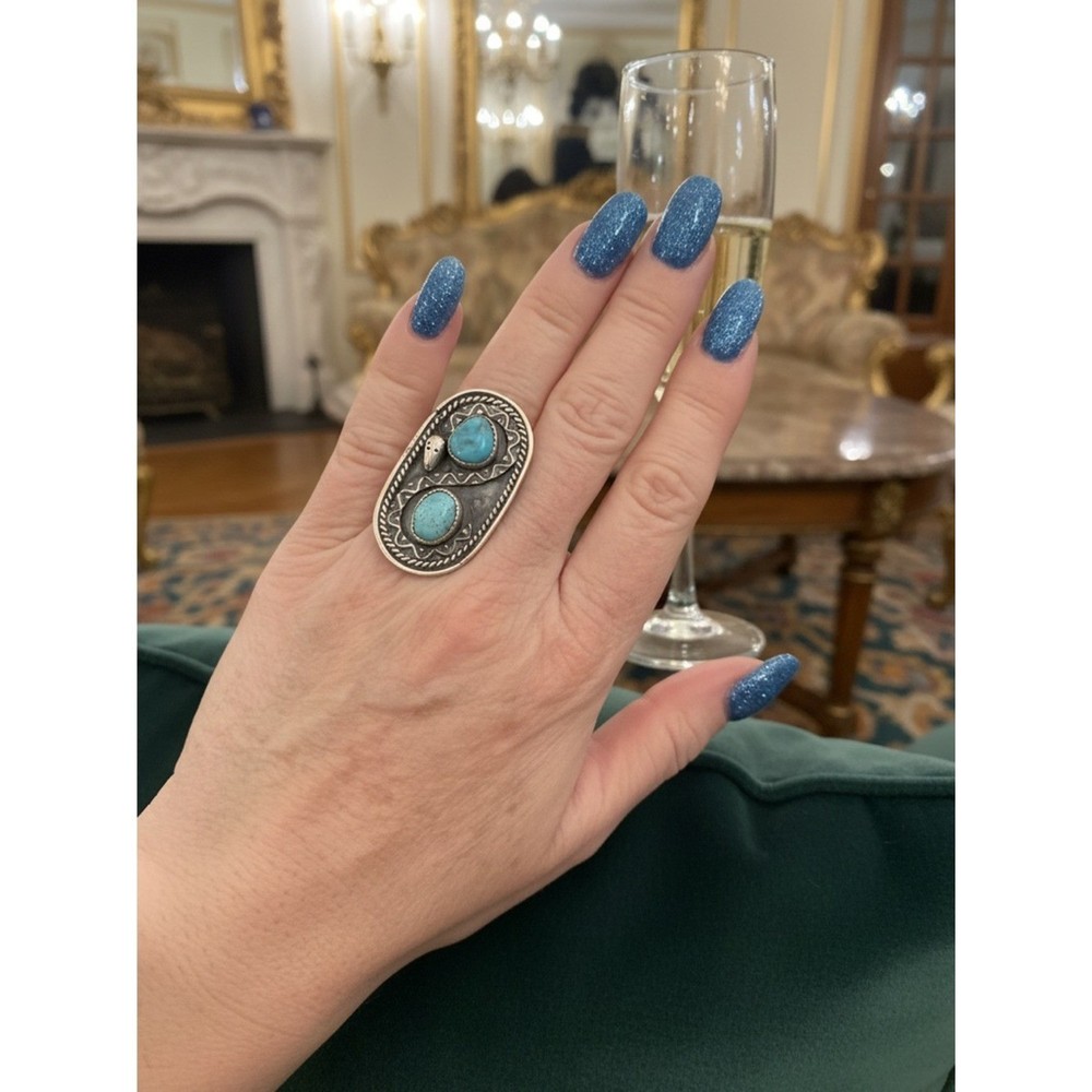 Sterling Silver Double Turquoise Statement Ring - Turquoise Blue native design