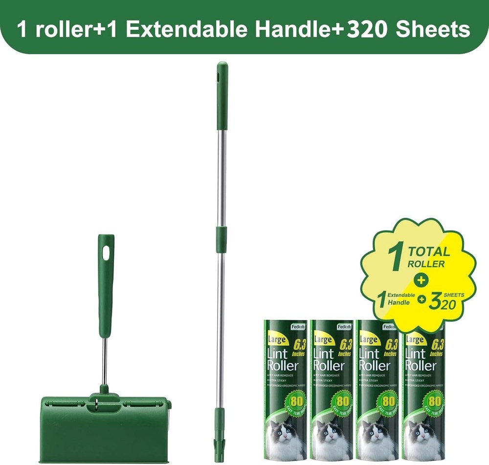 Portable Extra Sticky Lint Roller with 6.3'' Wide Surface & Long Handle