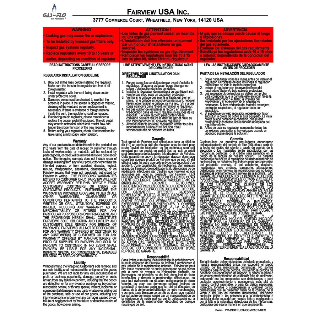 Fairview GR-92812C Compact Second Stage Low Pressure Propane Regulator