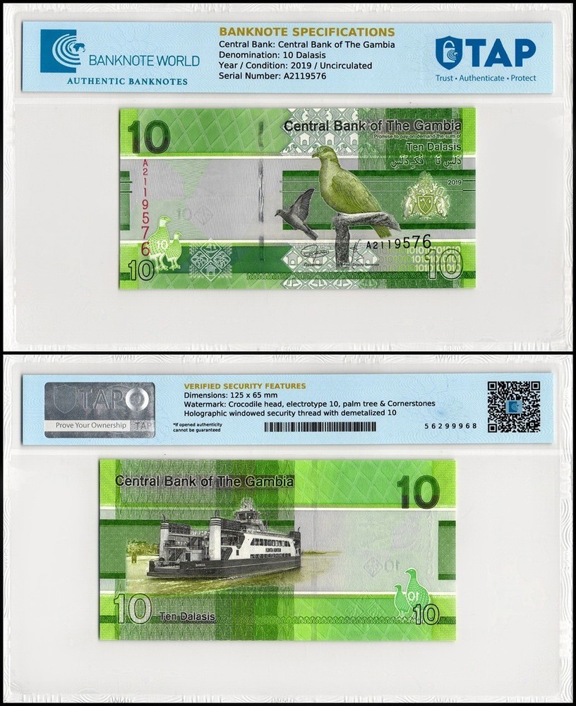 Gambia 10 Dalasis, 2019, P-38, UNC Authenticated