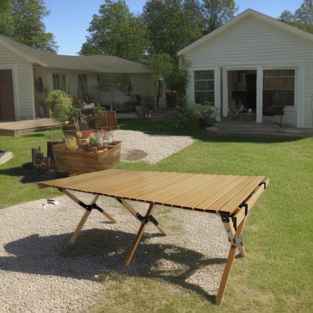 Multi Function Wooden Foldable Portable Patio Dining Table Natural Indoor Outdoo