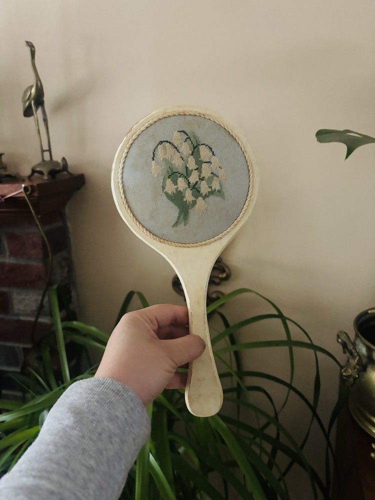 Antique Needlepoint Handheld Vanity Mirror