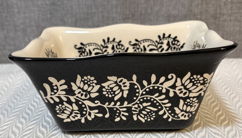 Black White Paisley Floral Vines Rectangular Stoneware Baker Set 4 Oven Safe