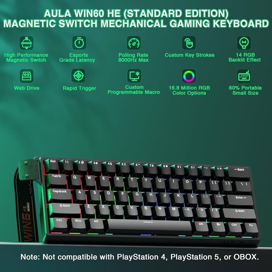 Aula Mechanical Gaming Keyboard 60% Hall Sensor, Magnetic Base