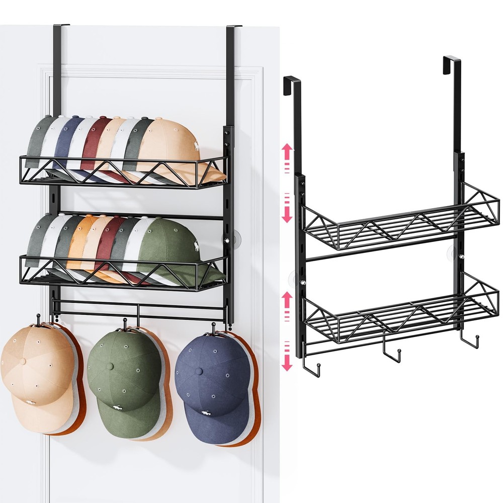 Over Door Hat Organizer - 3 Tier Wall Mounted Hat Rack with 2 Adjustable Meta...