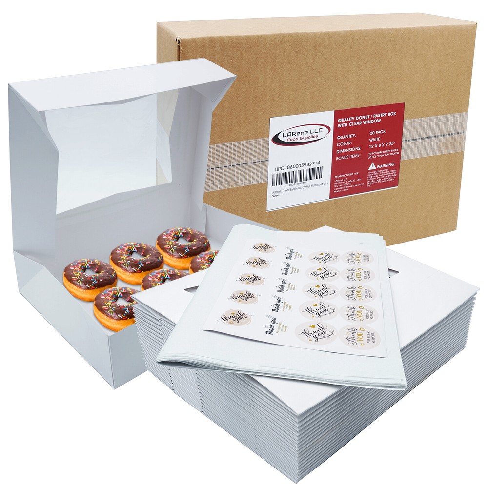 Bakery Boxes with Window [20-Pack] 12x8x2.25” | White Auto-Popup Donut Boxes