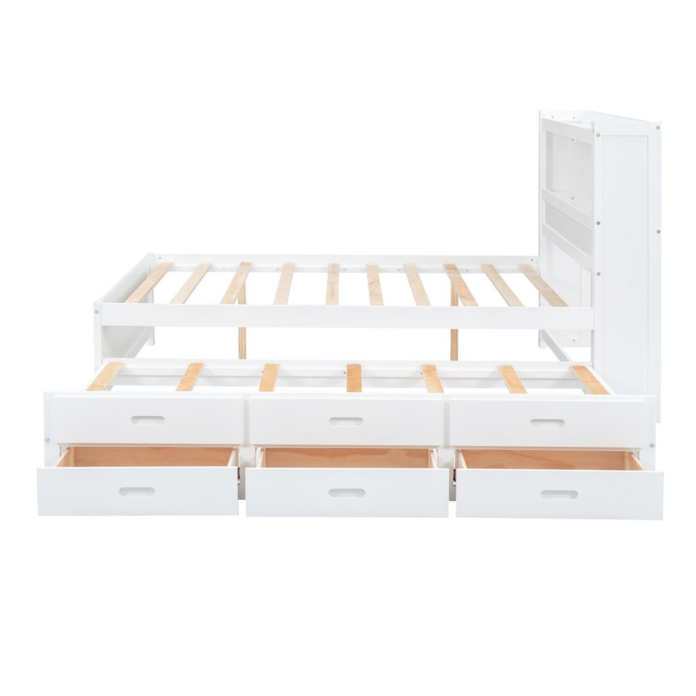Full Size Bed Frame Wood Platform Bed w/ Pull-Out Trundle & Drawer White/Gray